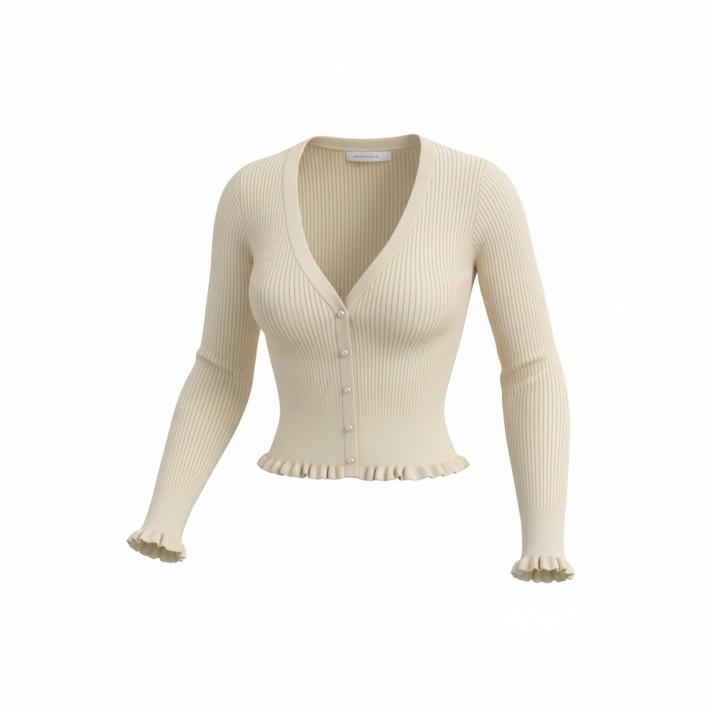 Altar'd State Cream Ribbed Ruffle-Trim Button Cardigan